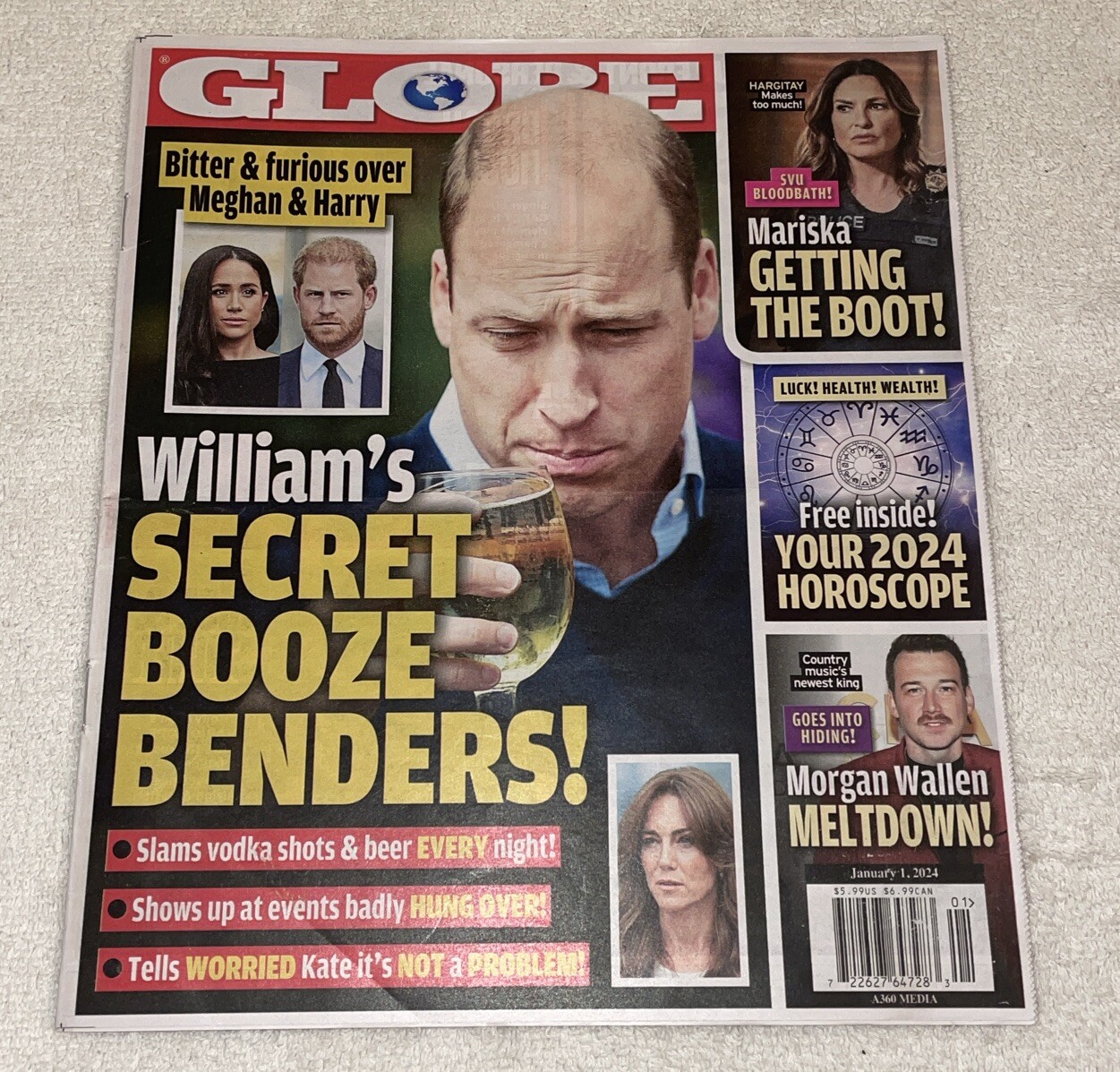 GLOBE Magazine January 1 2024 Prince William Mariska Hargitay Morgan Wallen