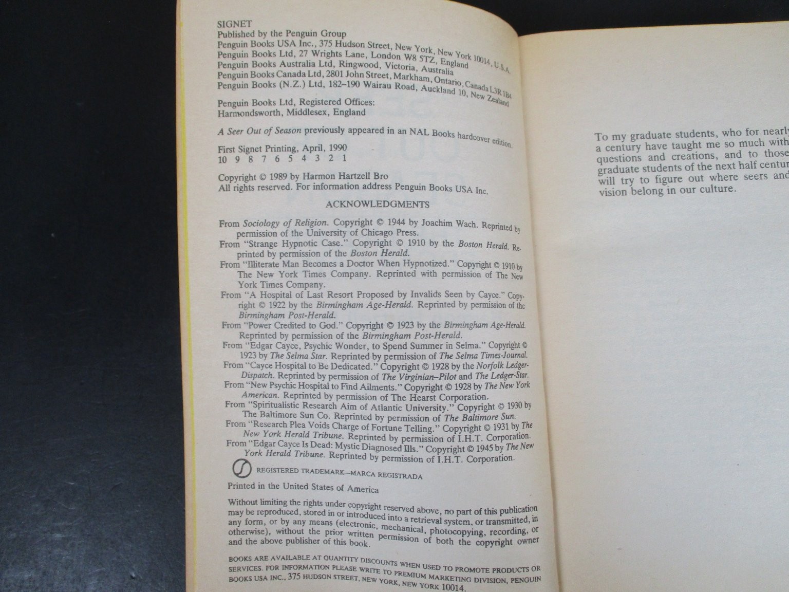 A Seer Out of Season The Life of Edgar Cayce Harmon Bro 1990 First Signet PB