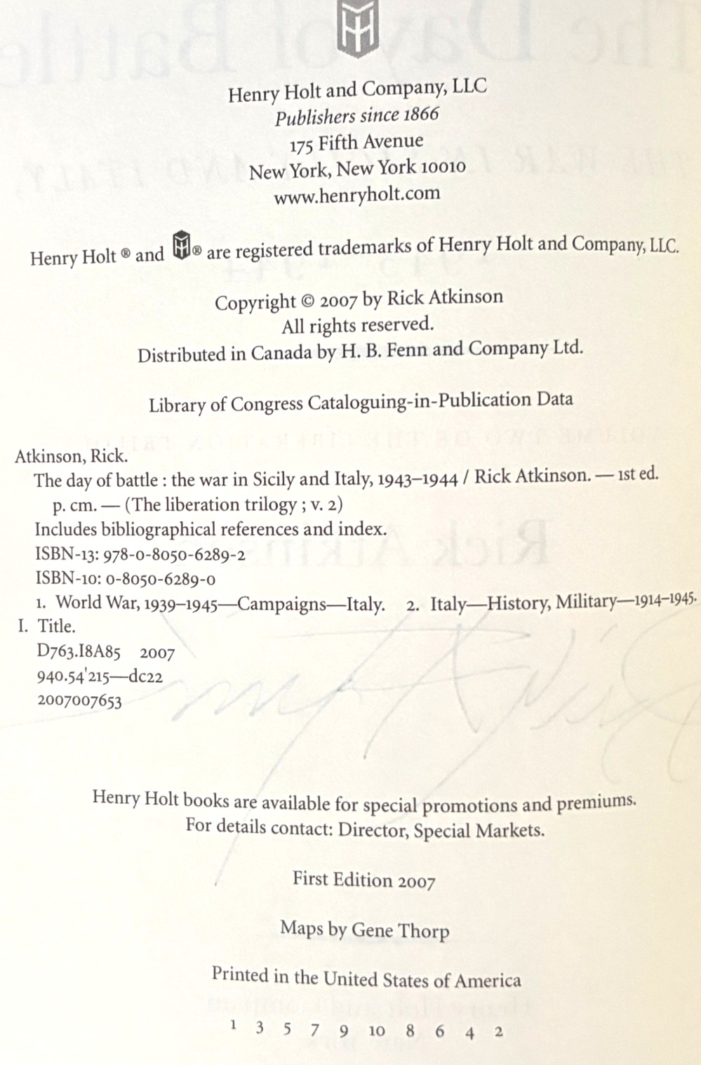 THE DAY OF BATTLE: Vol 2 of LIBERATION TRILOGY by RICK ATKINSON (Signed 1st Ed.)