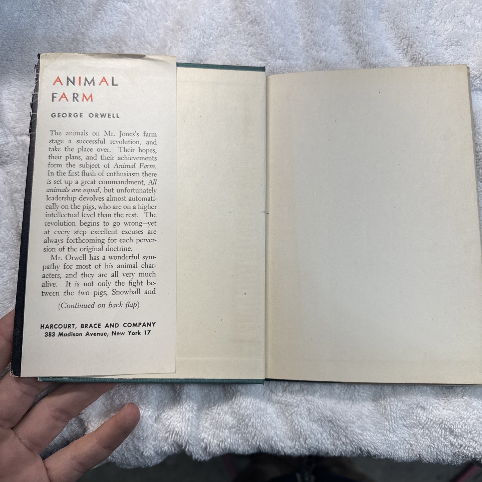 1946 ANIMAL FARM HARDCOVER W/DUST JACKET BY GEORGE ORWELL 1ST AMERICAN EDITION