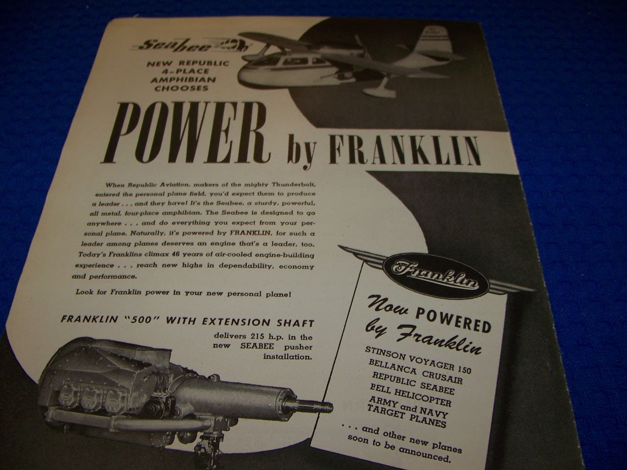 1946 SEABEE „NEW 4-PLACE AMPHIBIAN“ FRANKLIN ENGINES..1-PAGE SALES AD (872QQ)