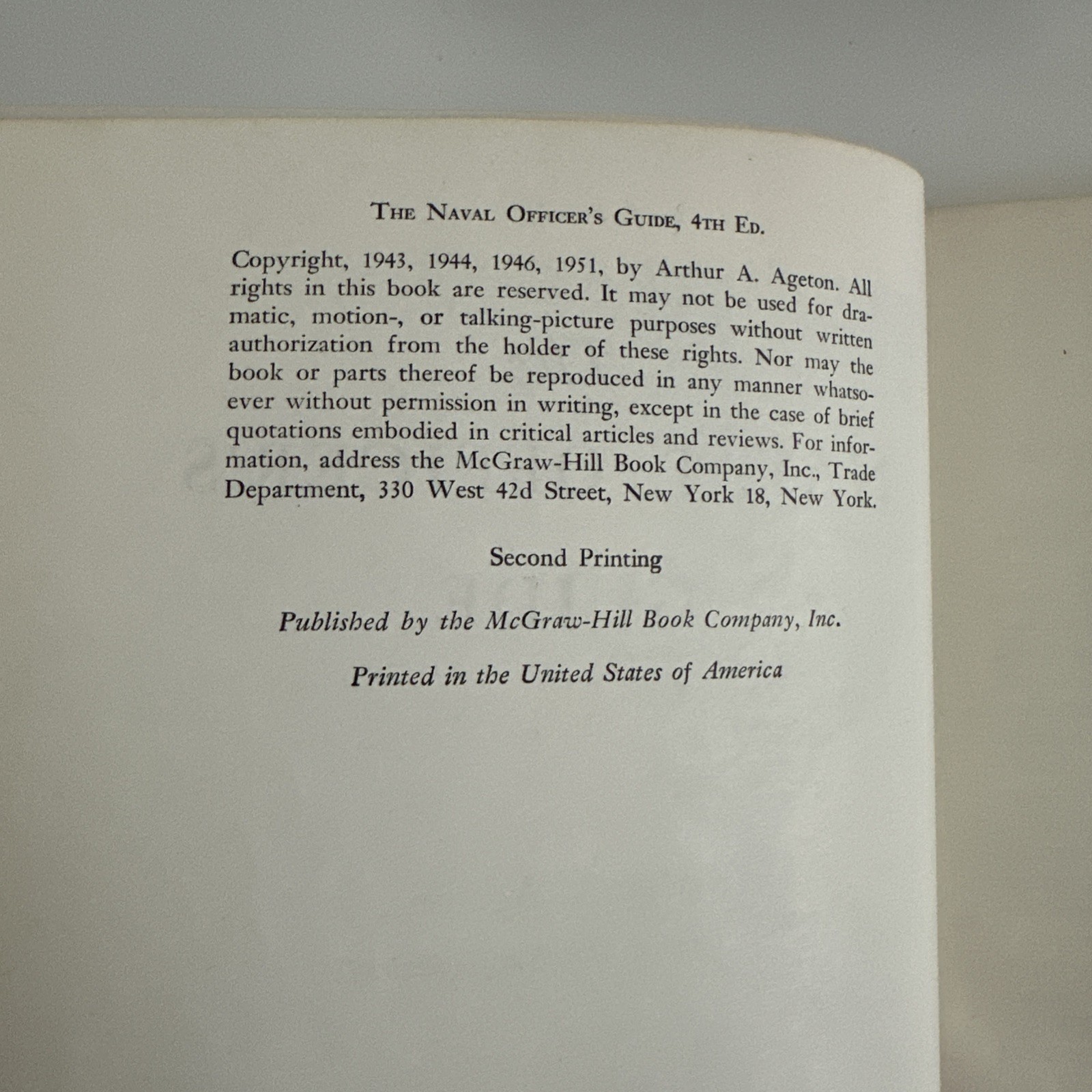 The Naval Officer’s Guide Arthur A. Ageton Second Printing 4th Edition