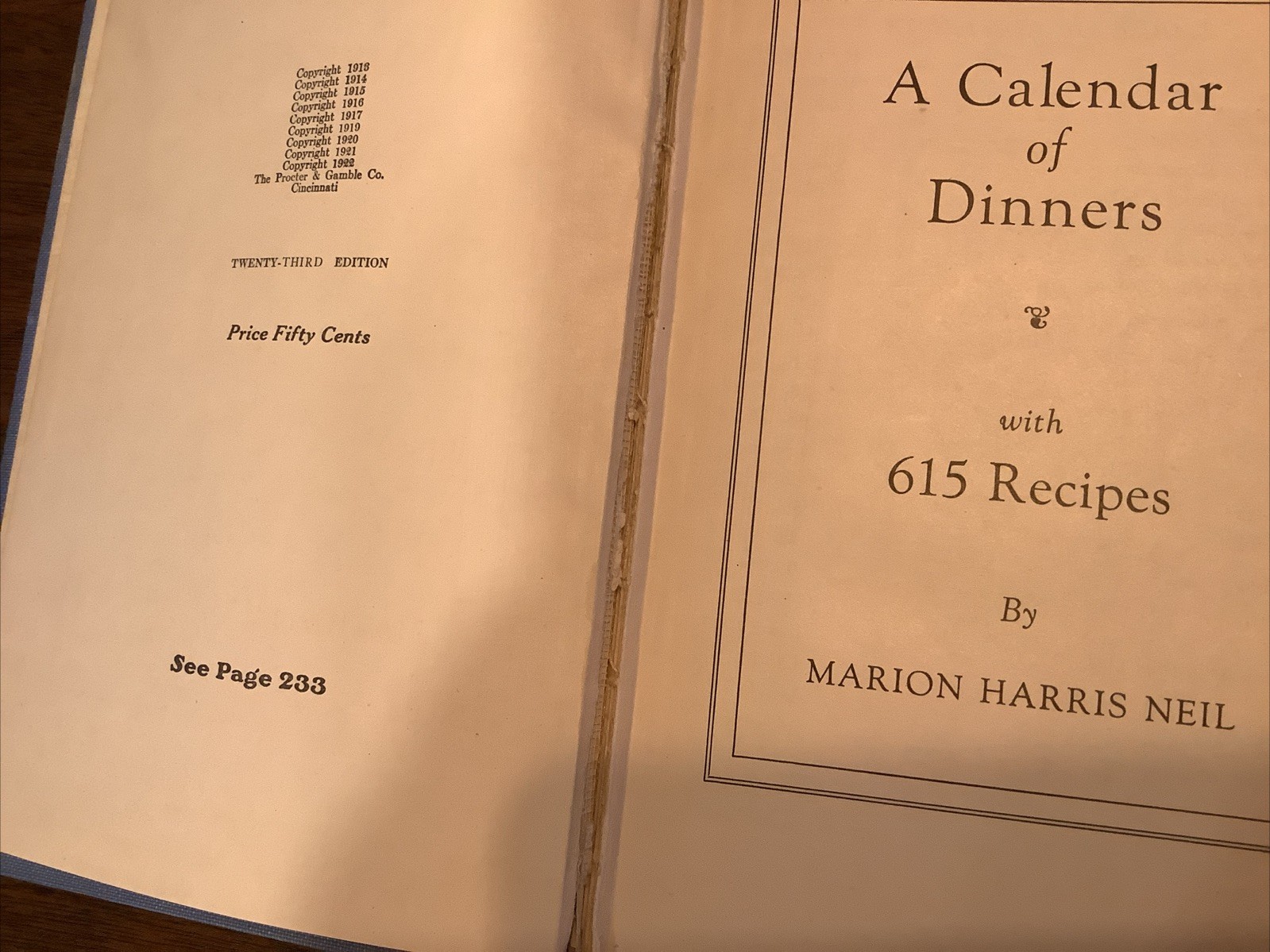 A Calendar of Dinners with 615 Recipes Hardcover Book by Marion Harris Neil 1922