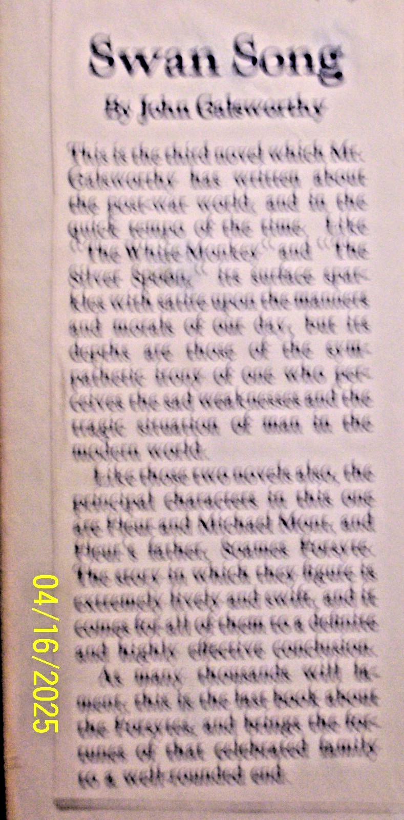 ANTIQUE 1928 BOOK SWAN SONG BY JOHN GALSWORTHY Preowned Good Condition 360 pages