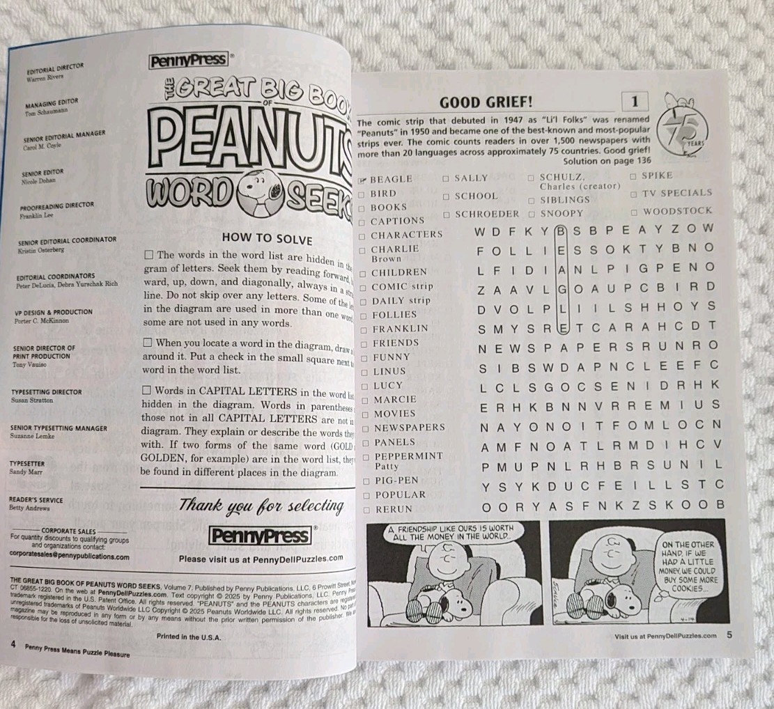 Penny Press Great Big Book of Peanuts, Vol 7, 2025, 10.75in; Linus Bag Clip,2024