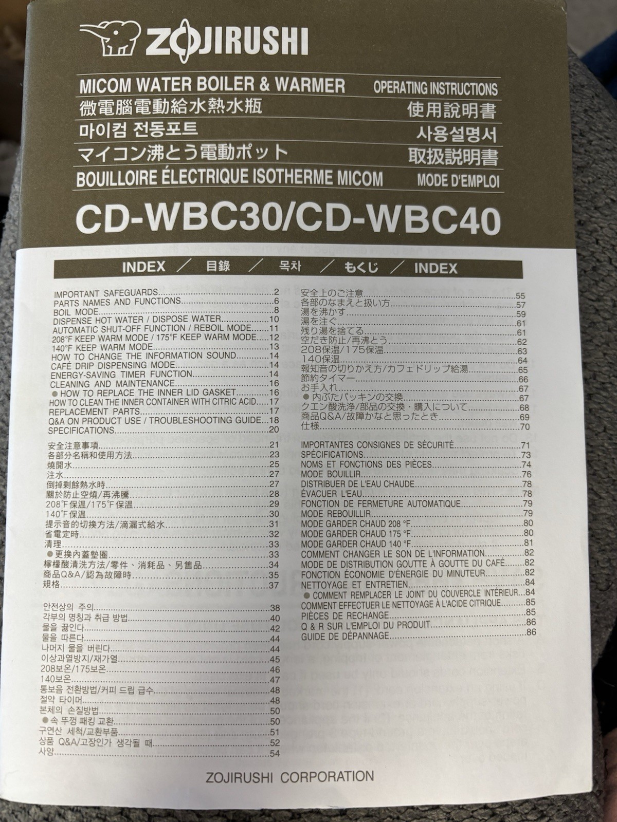 ZOJIRUSHI CD-WBC30/40 Micom Water Boiler & Warmer Operating Instructions Manual