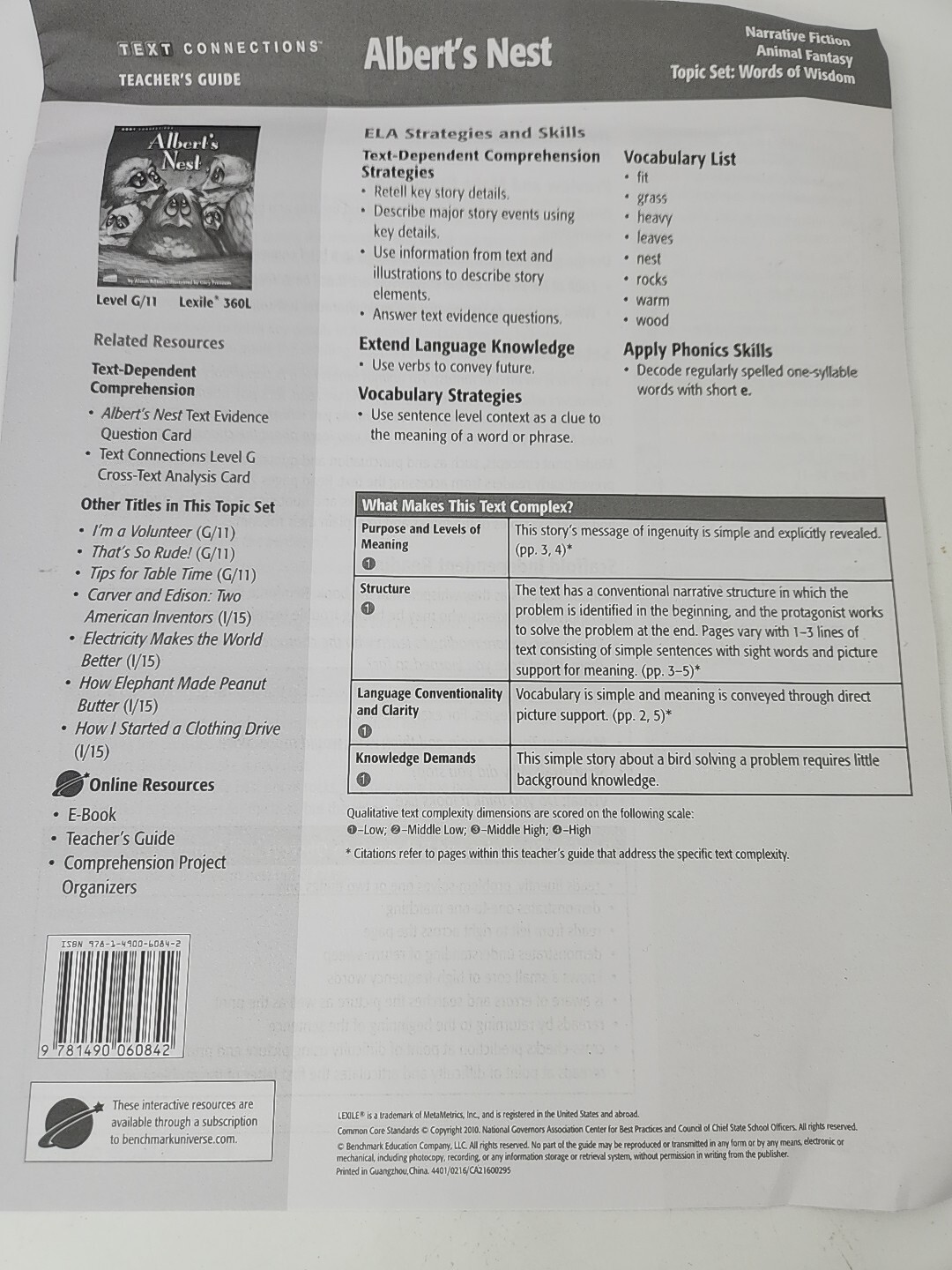 Benchmark Education Text Connections G/11 (6) „Albert’s Nest “ Homeschool