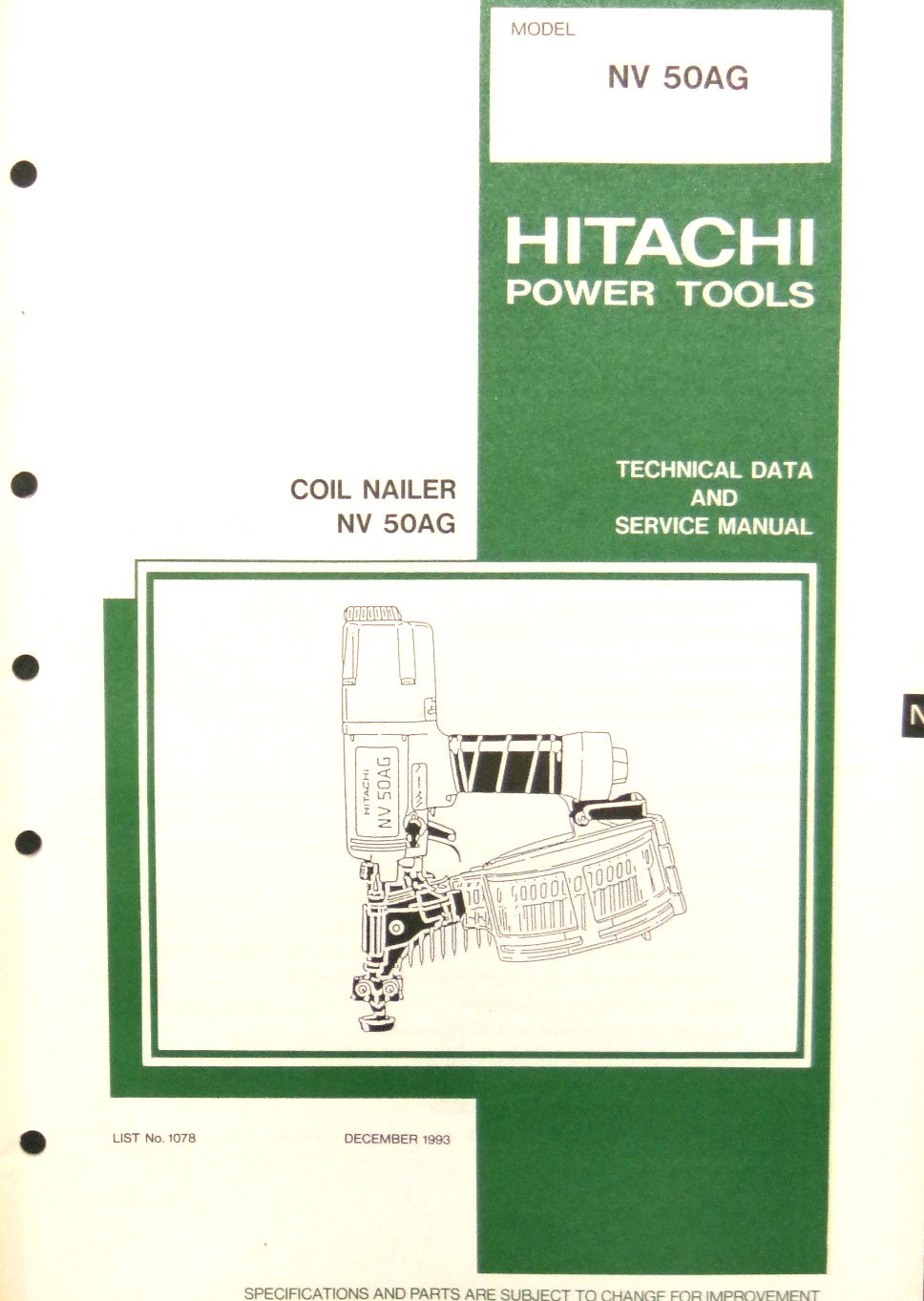 Hitachi Technical Data & Service Manual, Model NV 50AG Coil Nailer, F