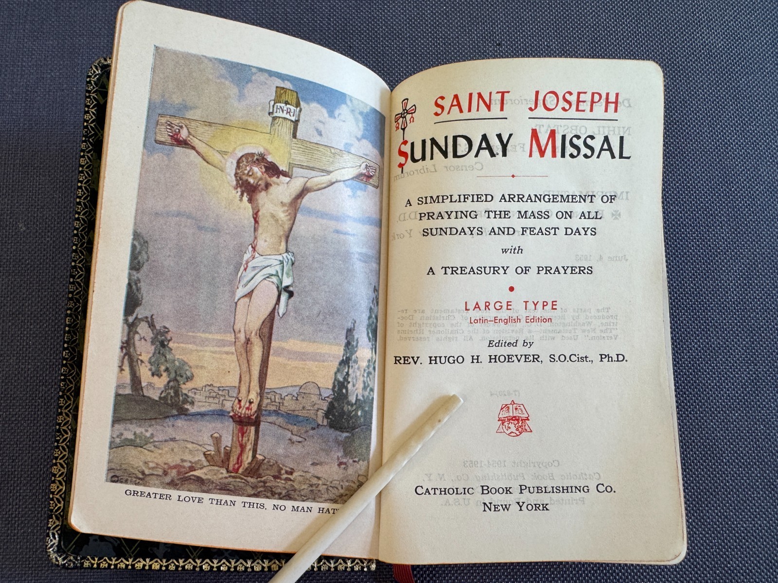 St Joseph Sunday Missal 1954-1953 Large Type T-820-4 Black Leather Catholic VGC