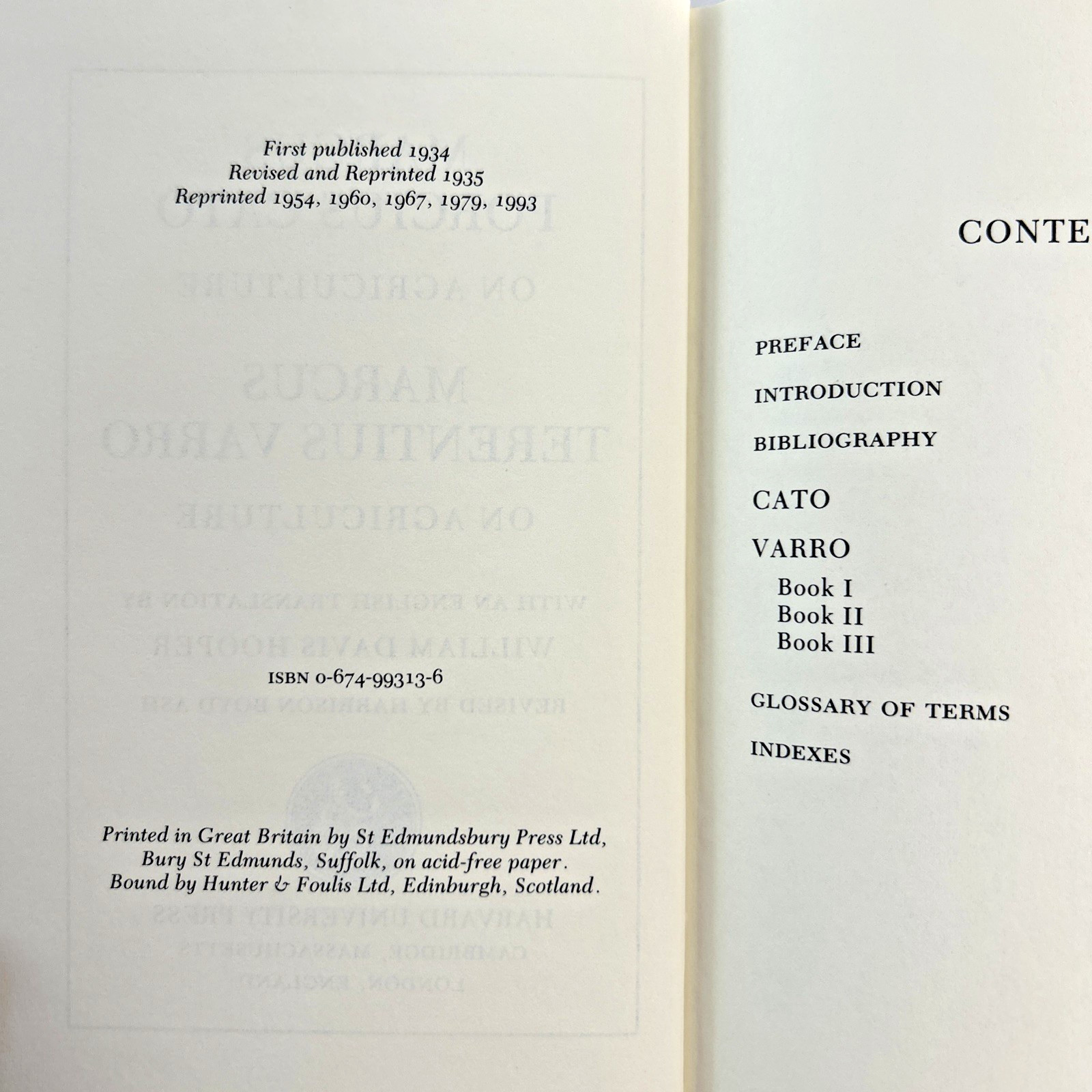On Agriculture Hardcover Cato Varro Loeb Classical Library