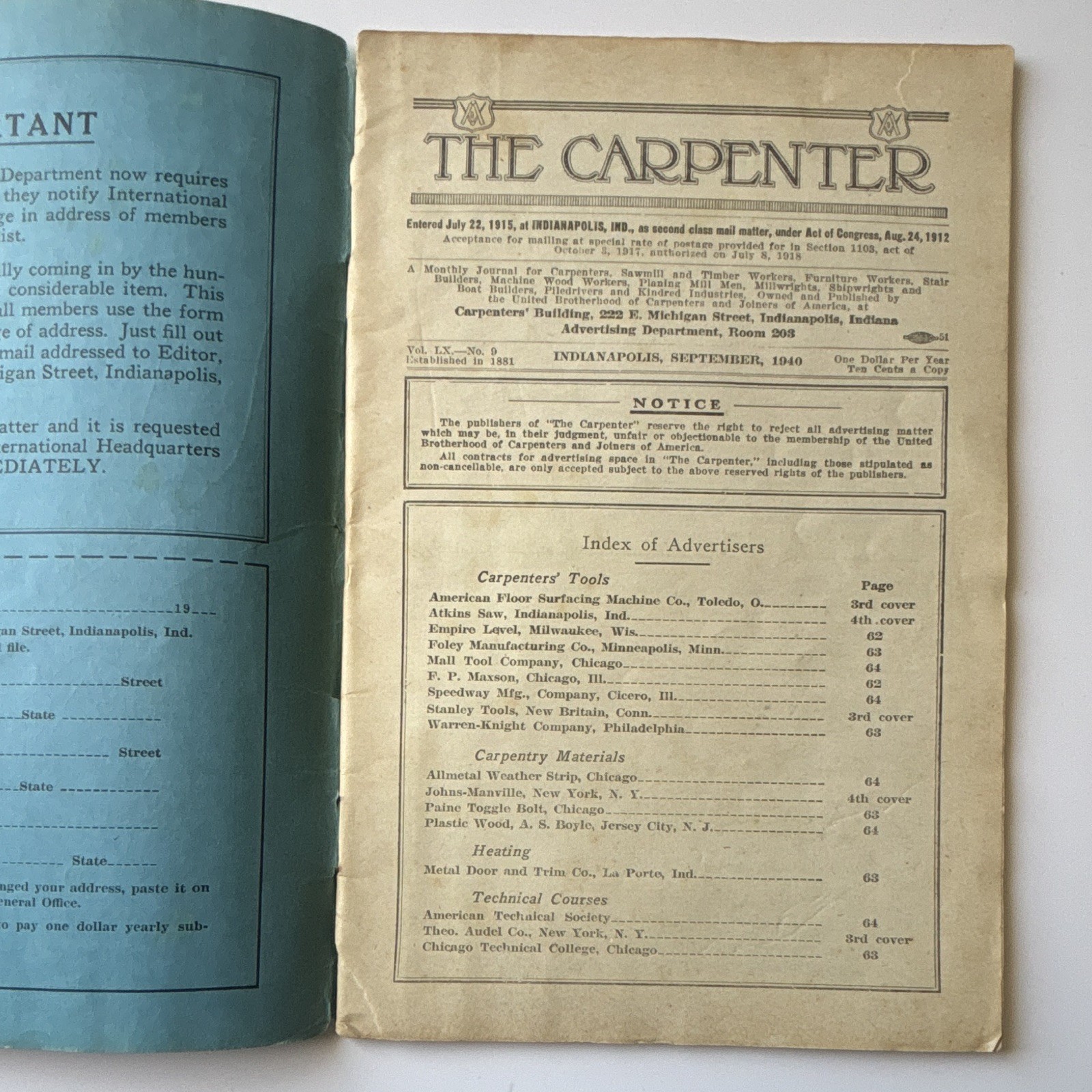 The Carpenter Magazine Sep/Oct/Dec 1940 Vol LXI Lot of 4 Trade Journal