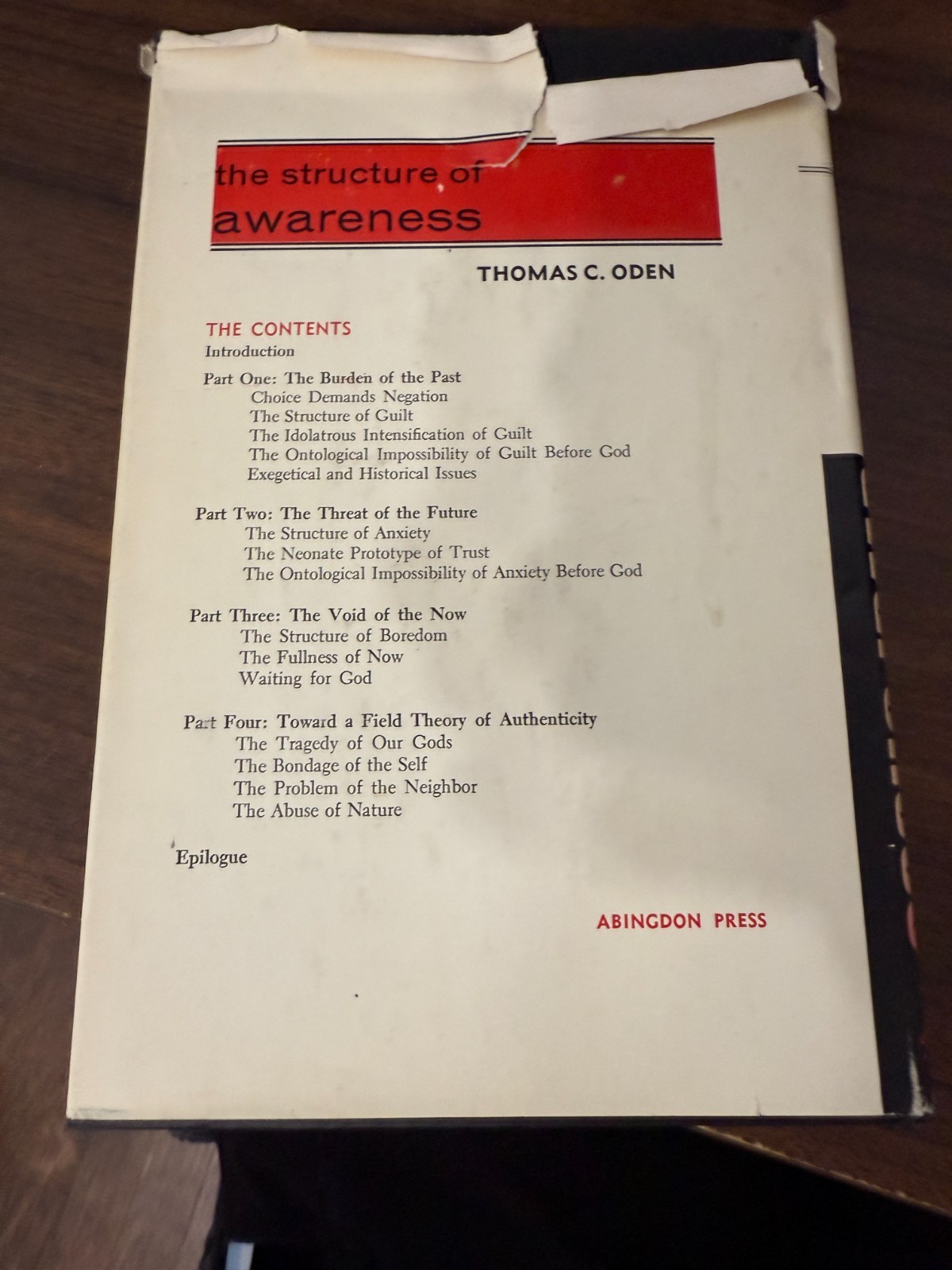 The Structure of Awareness By Thomas C. Oden 1969 Hardcover Dust Jacket