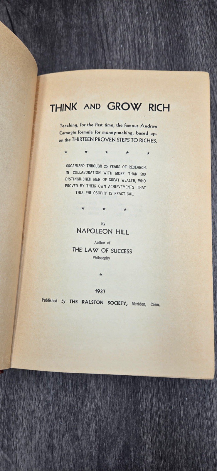 Think and Grow Rich Napoleon Hill 1937 Ralston Society HC 3rd Printing Book