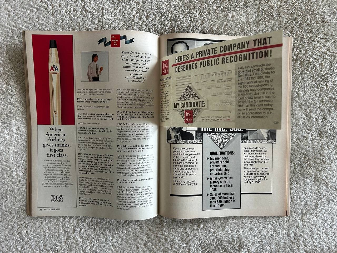 Inc. Magazine, April 1989. Steve Jobs Cover + Interview. Special Tenth Anniversa