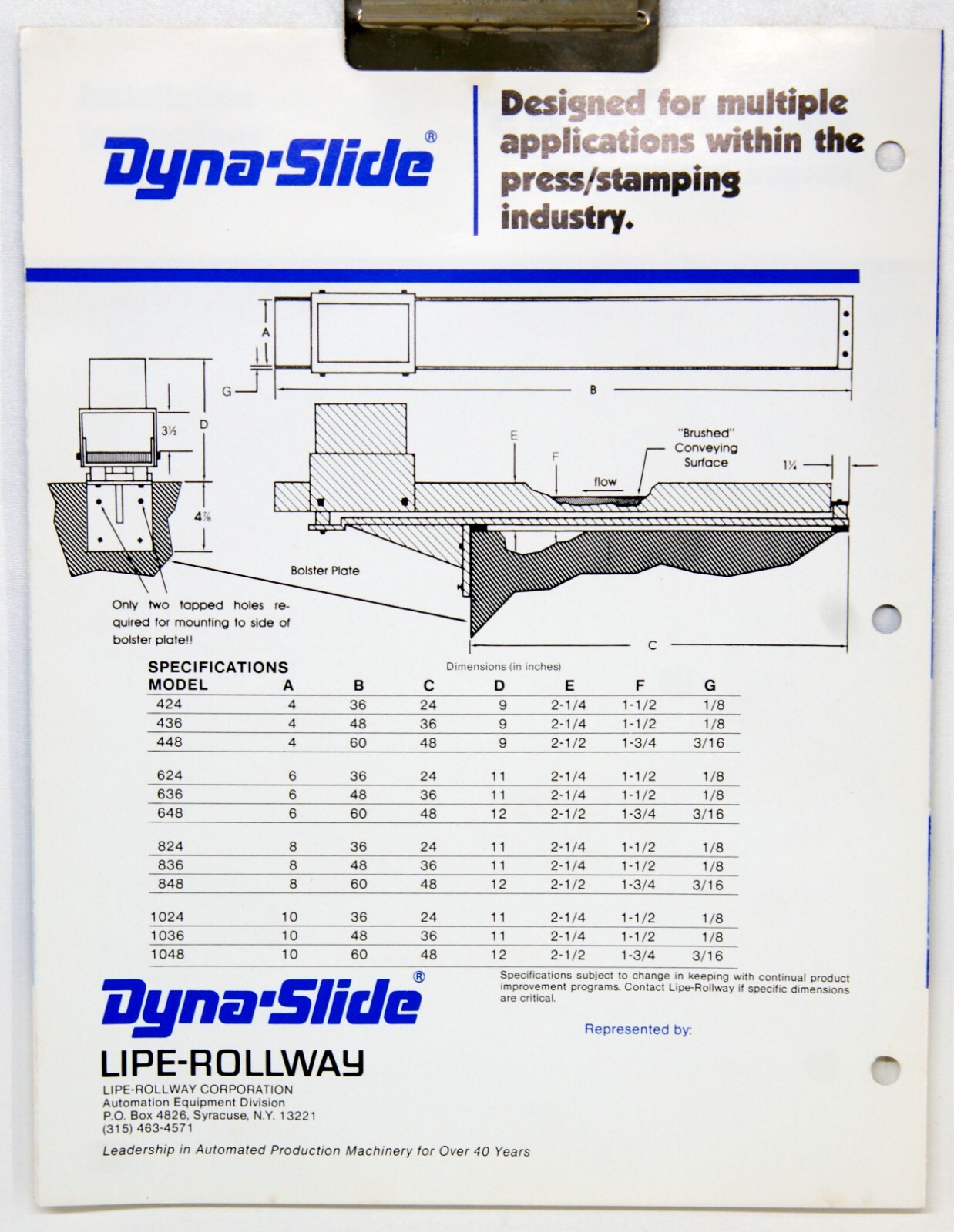 Lipe-Rollway Dyna-Slide Press In/Outfeed Conveyor Brochure 5024