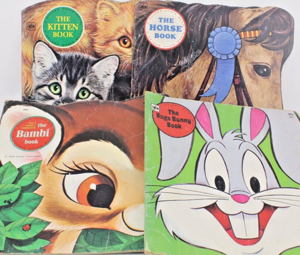 1977 LOT 4 Golden Shape Book Walt Disney Bambi Bugs Bunny Horse Kitten Vintage