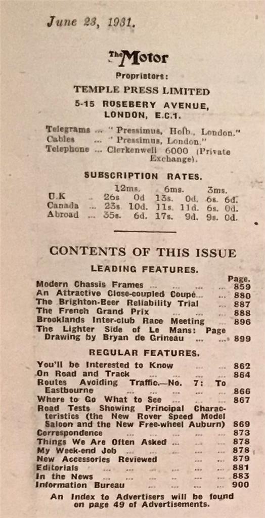 The MOTOR Magazine 23 JUN 1931 FRENCH GRAND PRIX Rover Speed Model Saloon Tested