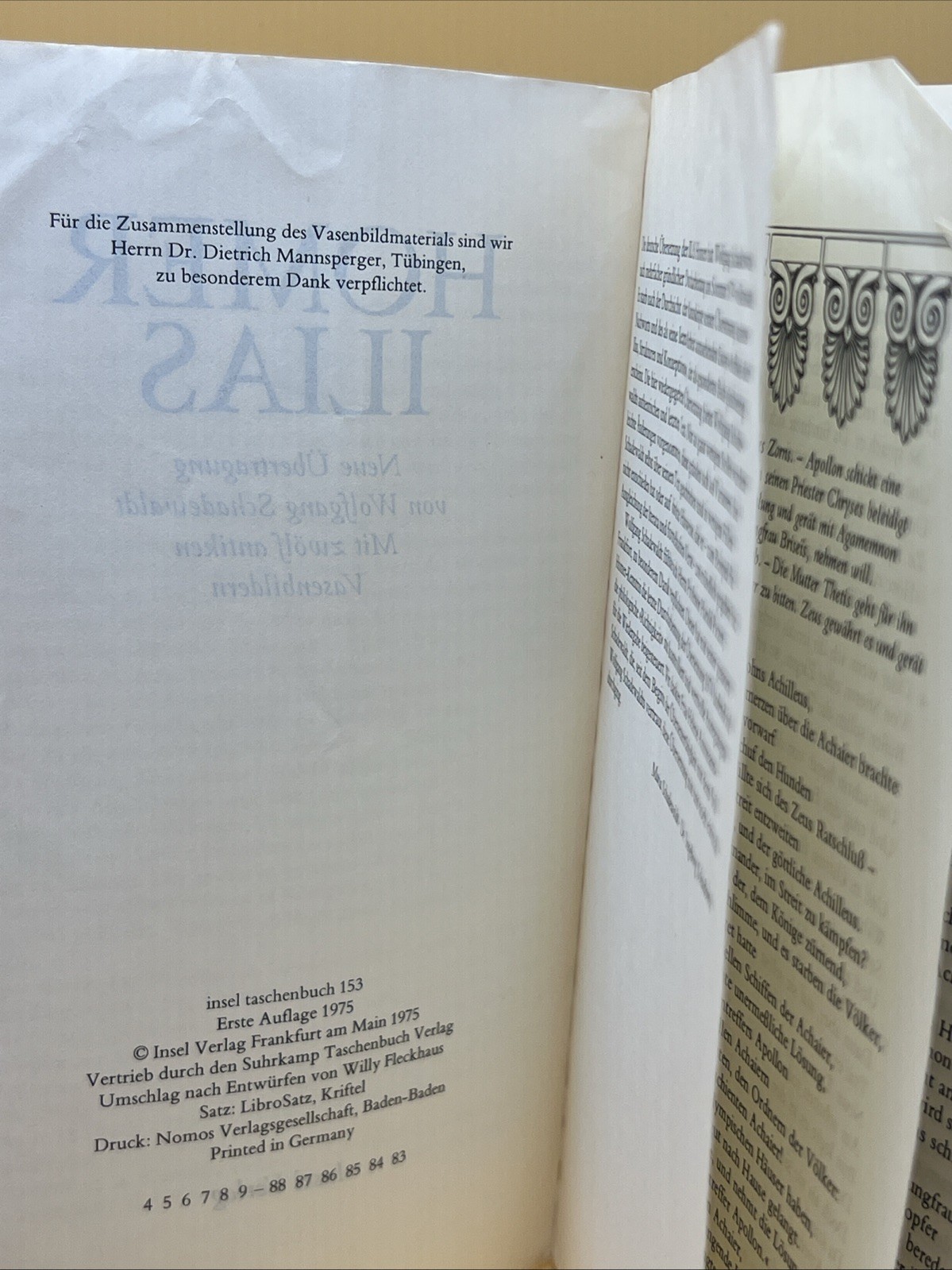 1975 Homer Ilias Wolfgang Schadewaldt Insel Taschenbuch 153 German Paperback