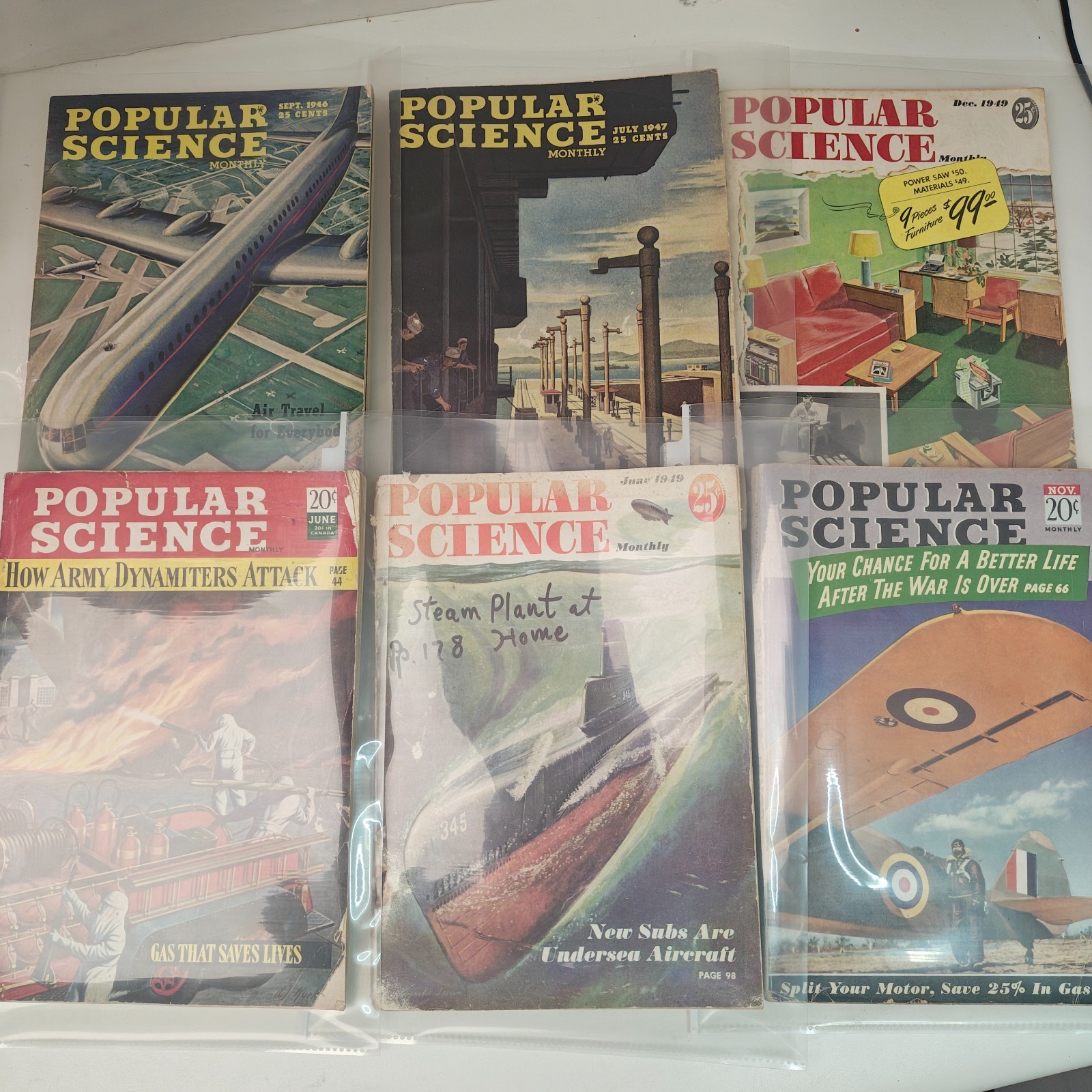 Lot of 6 Vintage Popular Science Magazines 1944-1949 WWII Army Dynamiters Subs