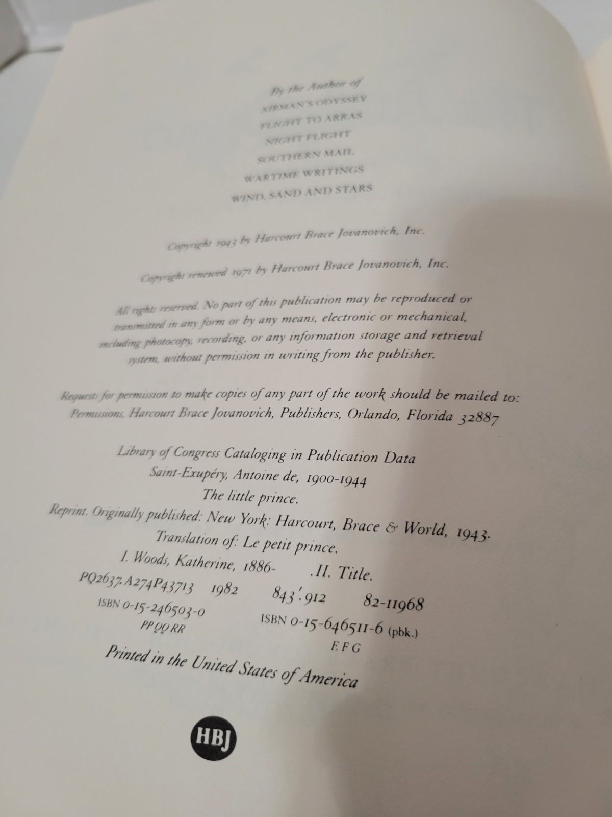 The Little Prince by Antoine De Saint-Exupery Hardcover DJ Harcourt Brace 1982
