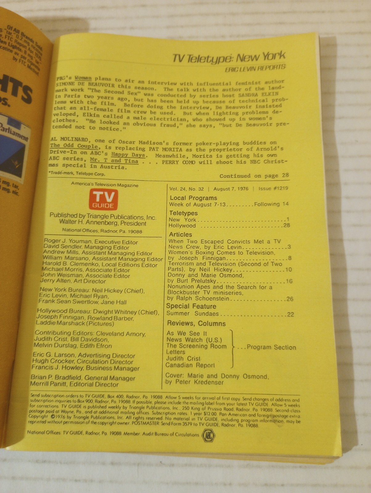 TV Guide Utah August 7 1976 Marie And Donny Osmond Women’s Boxing Terrorism