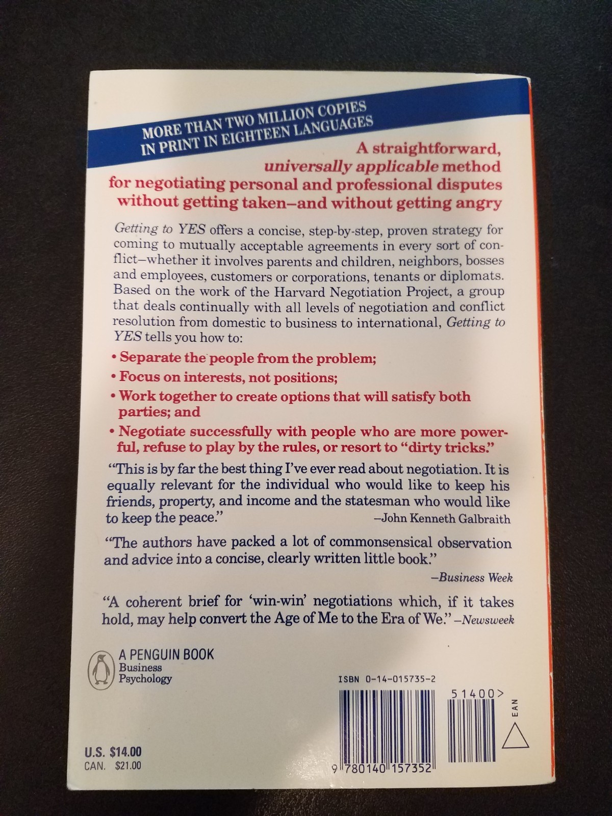 „Getting to Yes. Negotiating Agreement Without Giving In“ book by Roger Fisher