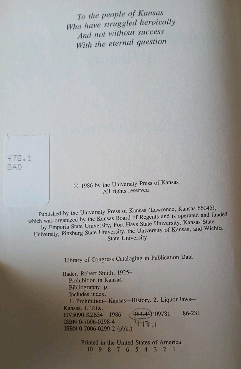 Prohibition in Kansas : A History by Robert Smith Bader (1986, Trade Paperback)